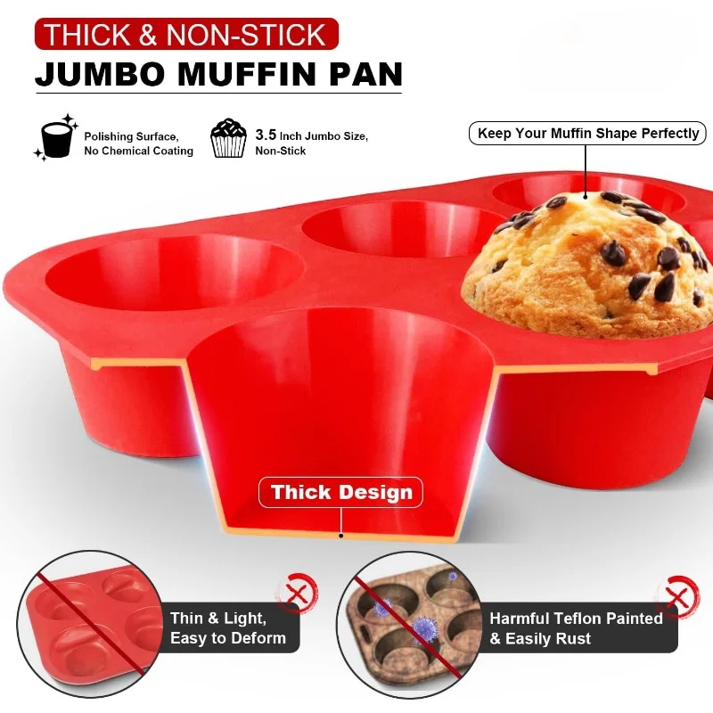 Silicone Texas Muffin Pan Set- 6 Cup Jumbo Silicone Cupcake Pan, Non-Stick Silicone, Just PoP Out!