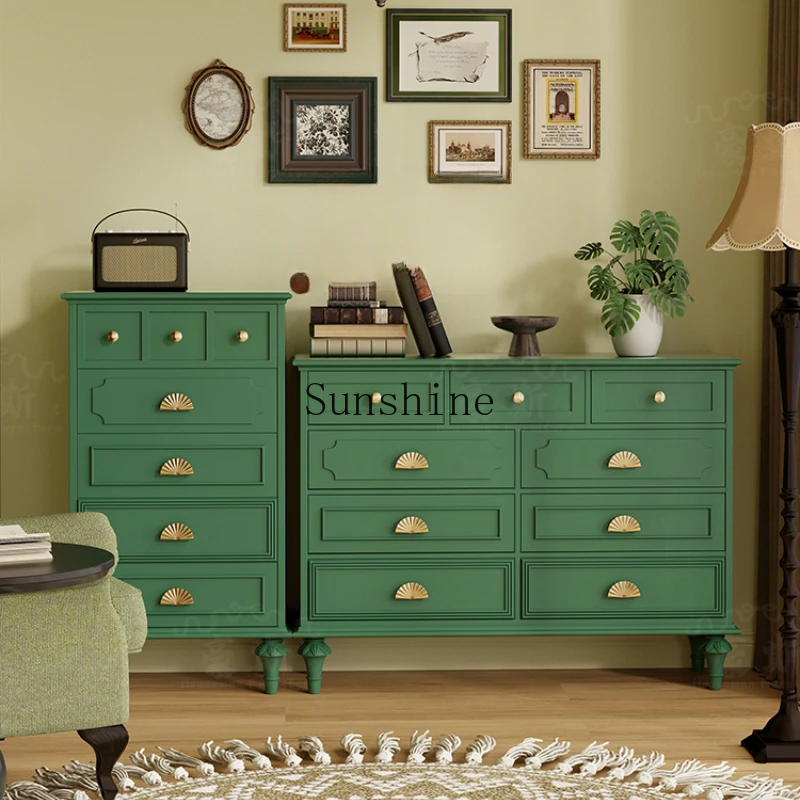 

American retro green nine-chest cabinet solid wood living room entrance cabinet wall furniture