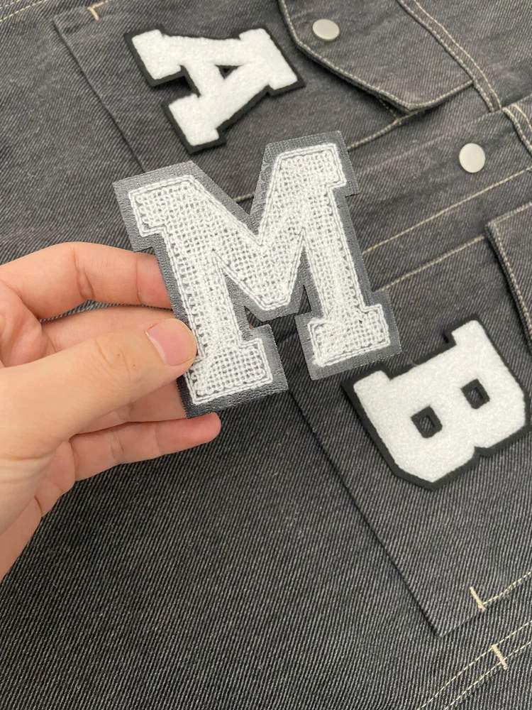 8cm Iron on Black White Chenille Letter Patches Towel Initials Clothings Embroidered Patches DIY denim jacket Patches