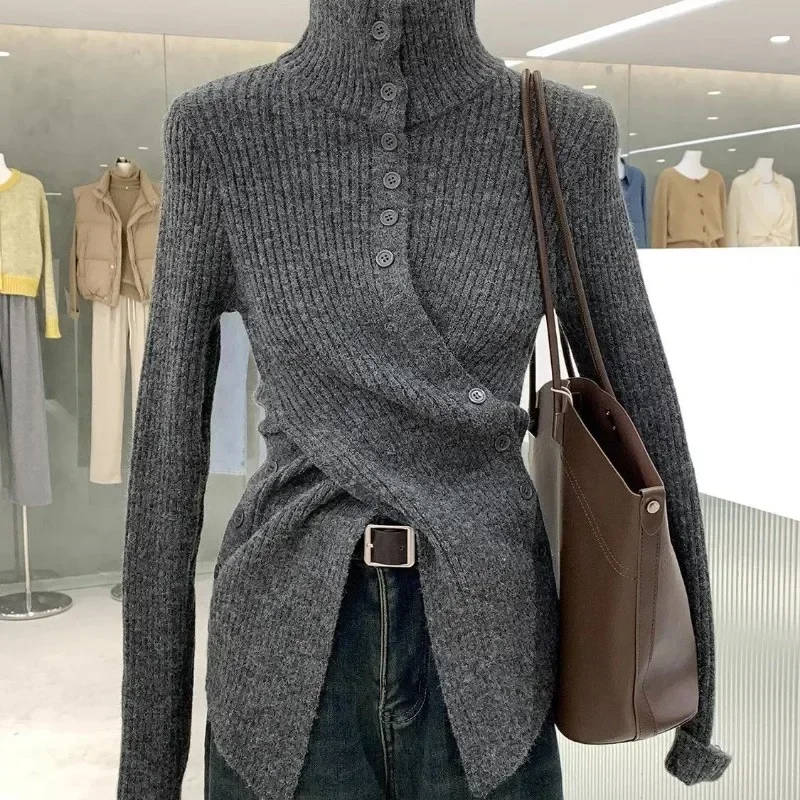 Korean Chic Elegant Slim Fit Cardigan Cross Button Simple Long Sleeve Turtleneck Sweaters 2024 Autumn New All-match Solid Jumper