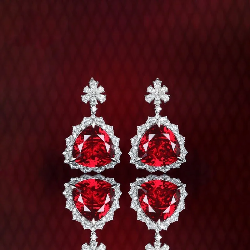 BELLUX 925 Silver Synthetic Zircon Original Design Classic Ruby Triangle Large Carat Luxury Earrings
