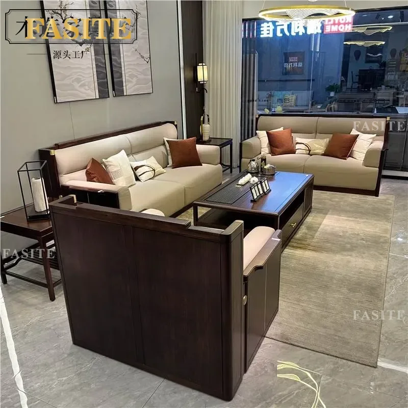 For Modern Light Luxury Solid Wood Leather Sofa Combination Ebony Style Apartment Living Room Furniture Durable Comfortable