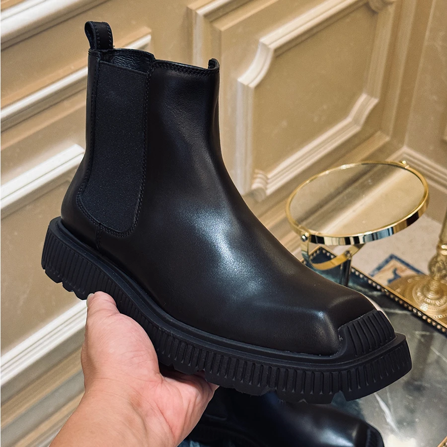 Luxury Fashion Men Chelsea Boots Genuine Leather Slip on Square Toe Outdoor Ankle Boots Trendy Biker Boots Work Shoes