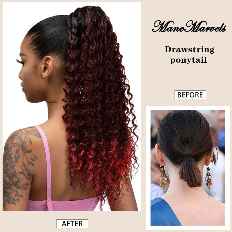 Kinky Curly Drawstring Ponytail Extensão Do Cabelo, Ombre, loira, sopro longo, clipe na cauda do pônei, fibra sintética, cabelo falso, 22"