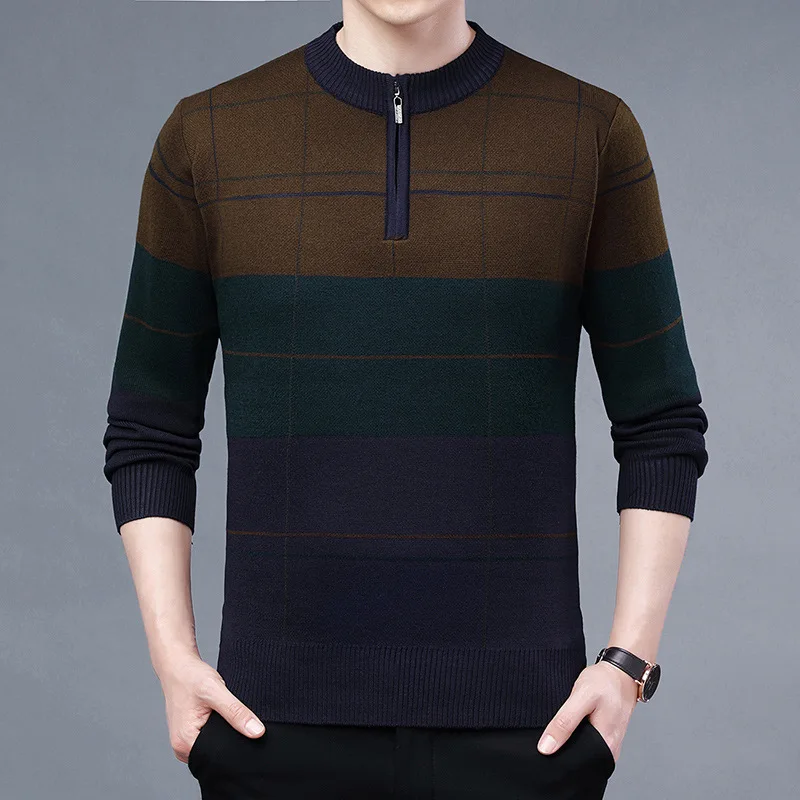 Men's Clothing Half-zip Round Neck Sweater Middle-aged Color Block Bottoming Shirt