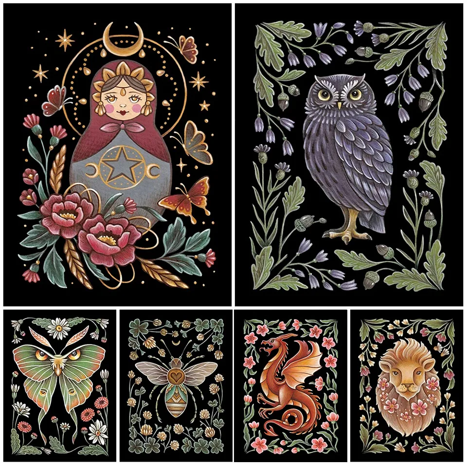 Diamant Stickerei Vintage Fledermaus Eule Ziege Igel Löwe Schlange Diamant Malerei Folk Tier Kunst Kreuzstich 5D voller Bohrer Dekor