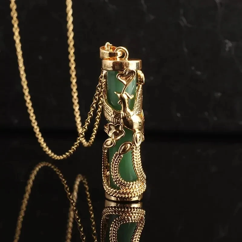 Retro Gold Color Craft Imitation Jade Dragon Column Phoenix Gilt Necklace Pendant Male and Female Couple Silver Jewelry