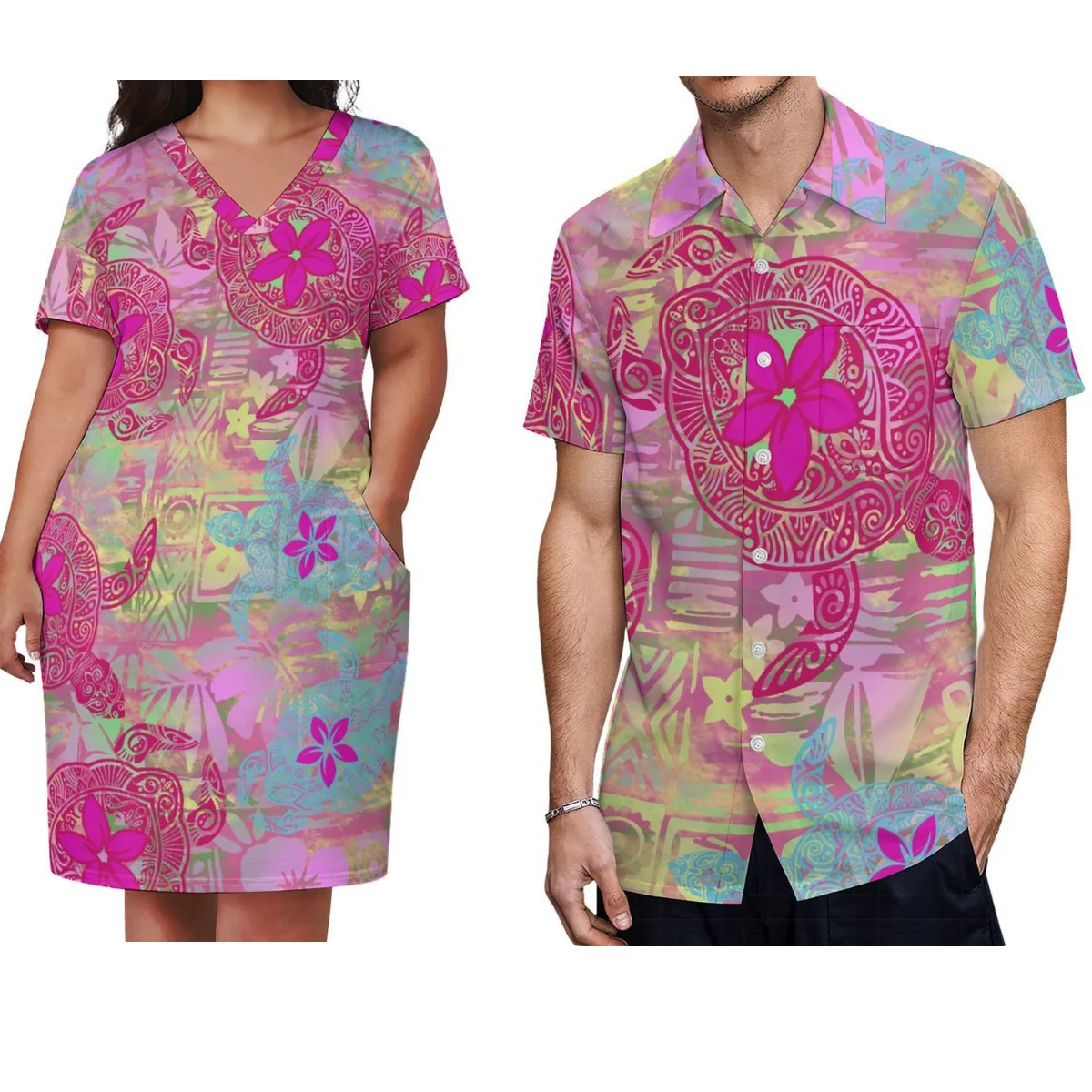 

Summer Women'S V-Neck Short-Sleeved Dress With Men'S Casual Plus-Size Shirt Polynesian With Couple Outfit