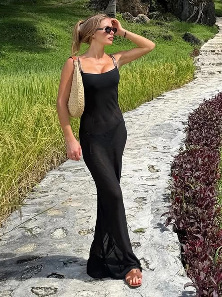 Kliou Mesh See Through Sling Dress Woman Summer Trend Low-Neck Backless Sleeveless Vacation Beach Party Sexy Style Long Bodycon