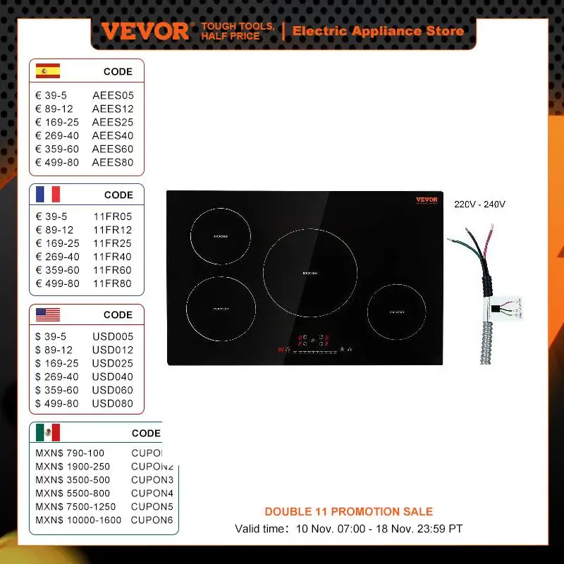 VEVOR 30 ''4 конфорки электрическая варочная панель индукционная плита верхняя Встроенная Магнитная варочная панель 7500 Вт 9 уровней нагрева многофункциональная горелка