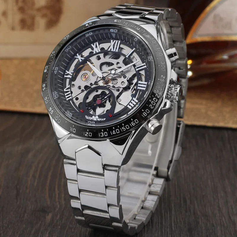 T-Winner Top Brands Men Watch Mechanical Skeleton Flywheel Waterproof Stainless Steel Strap Fashion Sports Business Watches