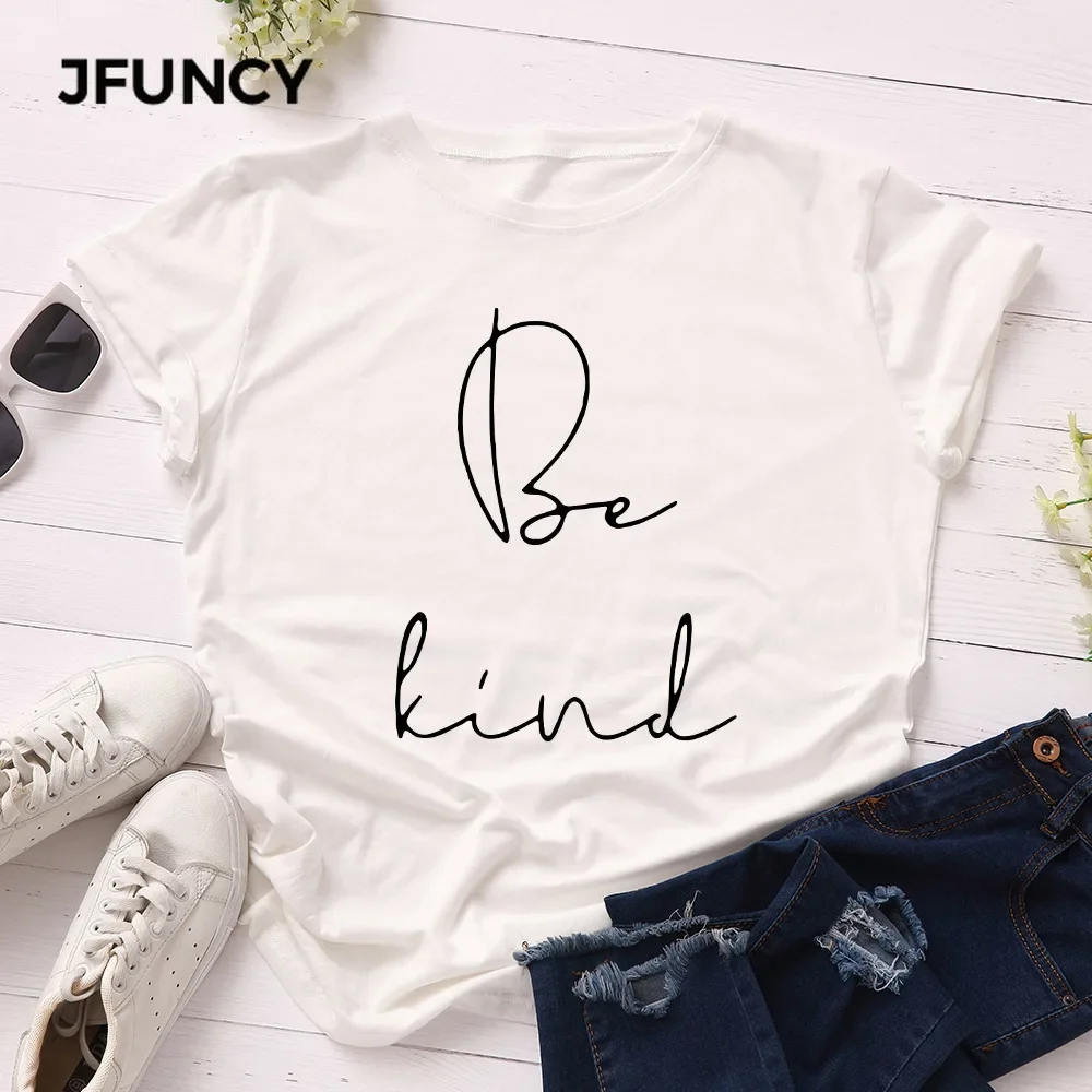 JFUNCY Women T Shirt New BE KIND Letter Print T-shirts Female Short Sleeve Cotton Tees Tops Woman Summer Tshirt