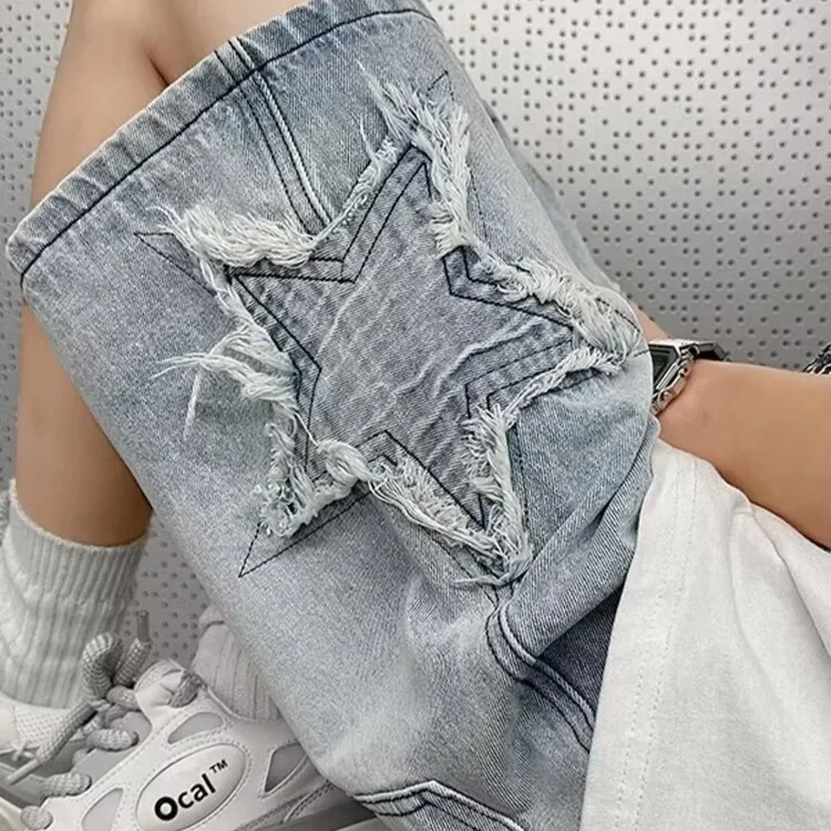 

Лето 202, мужские потертые джинсовые шорты, свободный крой, модные брендовые уличные короткие брюки с полой талией и пятью точками