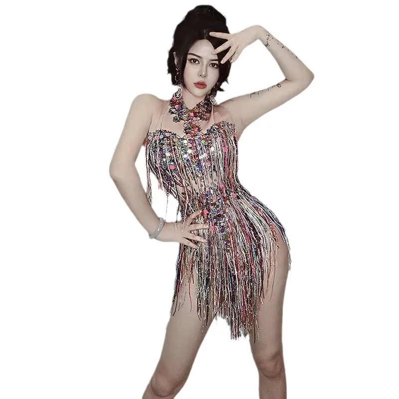 

Evening Party Nightclub Dancer Perfprmance Costume Stage Wear Colorful Tassels Sequins Sexy Sleeveless Sheath Bodysuit