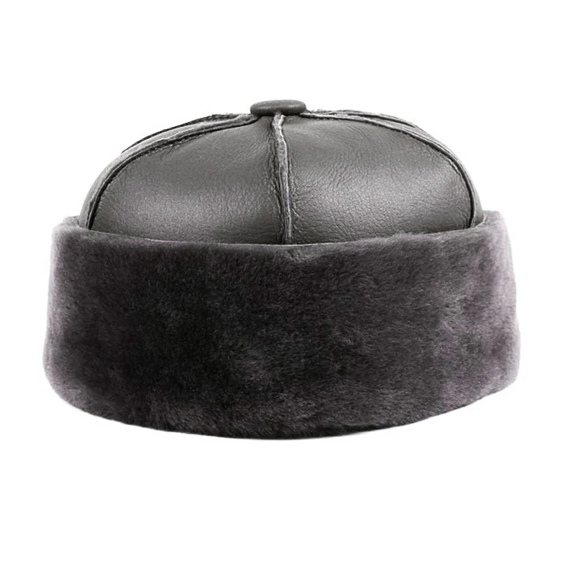 Winter Genuine Leather Hat Fur Integration Sheepskin Bomber Cap For Elderly  Velvet Thermal Watermelon Bonnet Landlord Hat