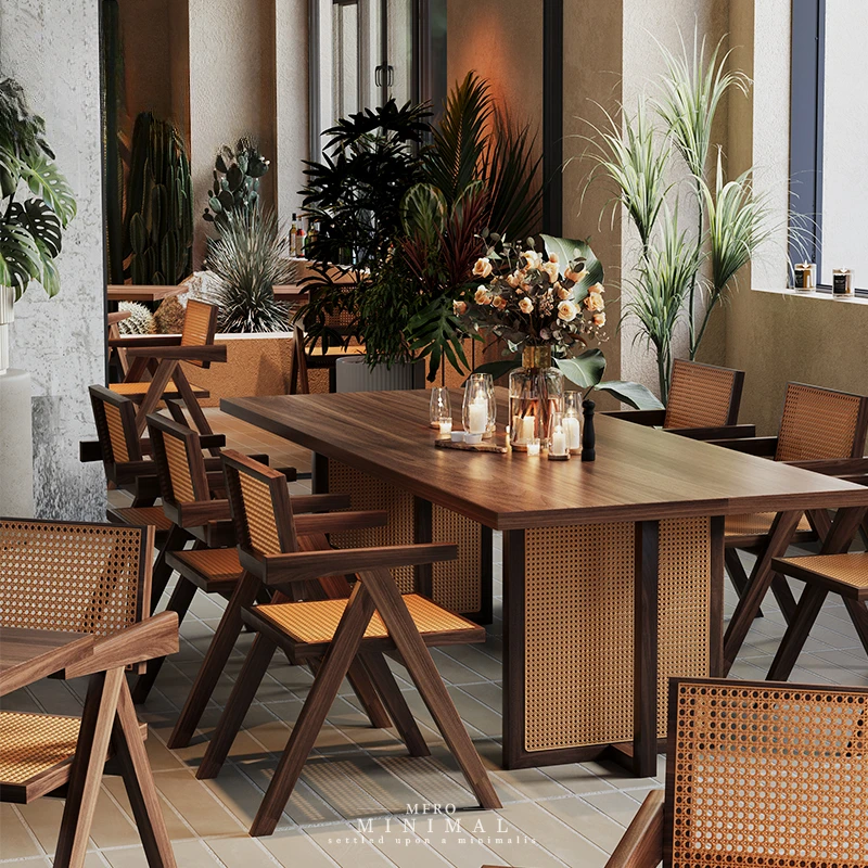 Restaurant Dining Shop Table and Chair Combination Hotel Chinese Food Western Food Bar Cafe Solid Wood Rattan Table and Chair