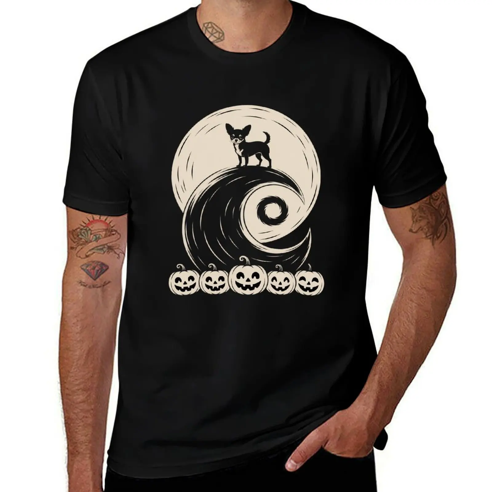 

Chihuahua Dog Halloween With Moon Pumpkin Silhouette T-Shirt plus sizes Luxury man graphic shirts Men's t-shirt