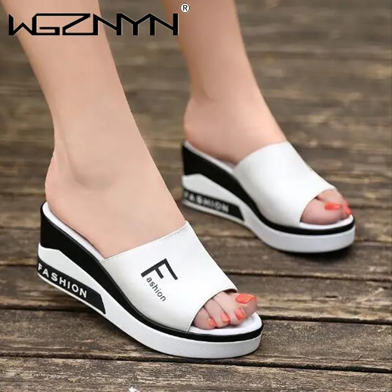 Pantofola da donna estiva zeppe in pelle Slip on Casual Beach Slides Platform scarpe da donna altezza crescente Chunky Zapatos De Mujer