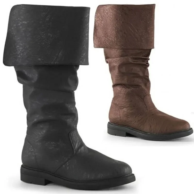 Adult Men Medieval Leather Boots Jack Sparrow Renaissance Half Haddock Shoes Footwear Larp Pirate Warrior Vintage Jackboot