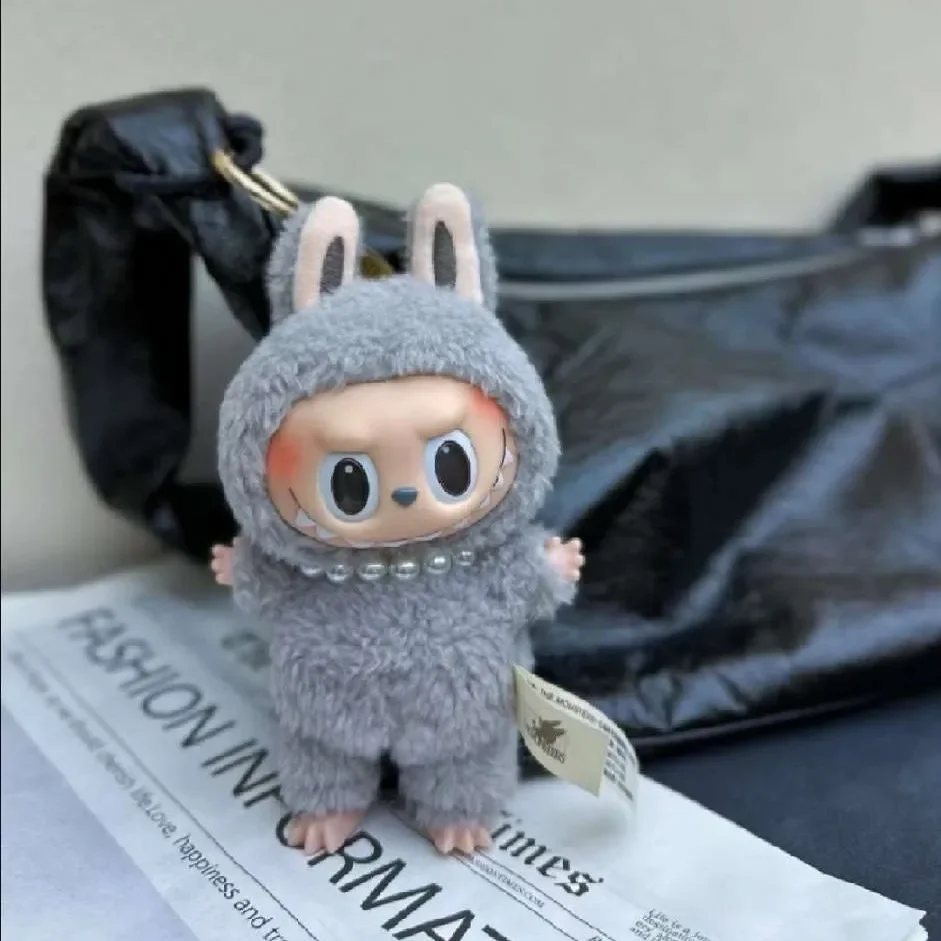 17cm Labubu Macaron Sitting Party Ornament DIY Cute Cartoon Plush Pendant Pearl Necklace Chain Alloy Accessory Labubu Outfit