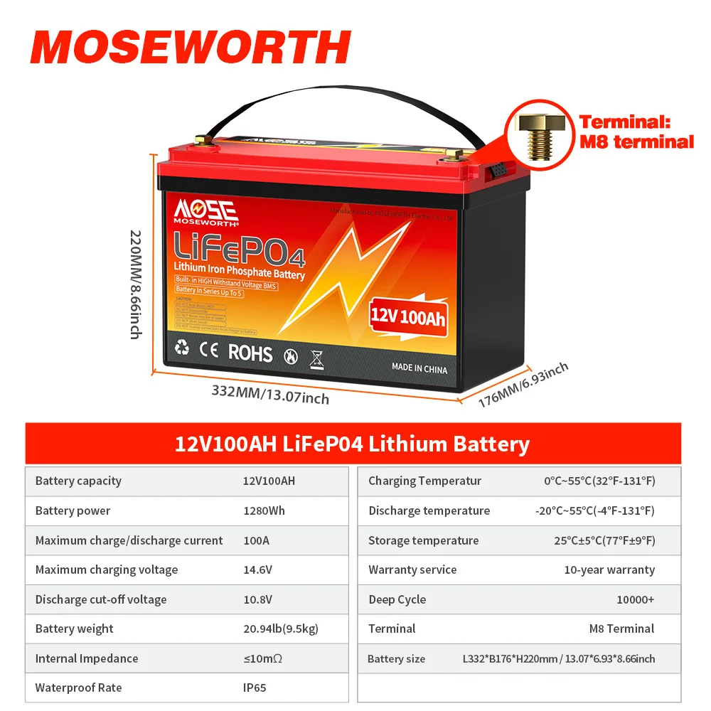 MOSEWORTH LiFePO4 12V 100Ah Akku 12,8V Lithiumbatterie 8000+ Zyklen mit Bluetooth BMS Klasse A für Boot-Wohnmobil-Camper – Detail 16