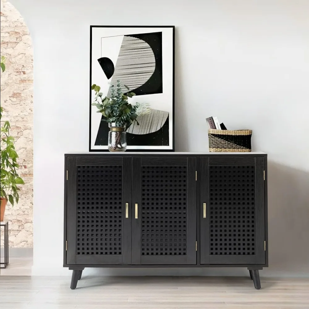 

Sideboard Storage Cabinet with 3 Lattice Doors & 2 Shelves, Kitchen Buffet Cabinet with Metal Handles, Credenza Side