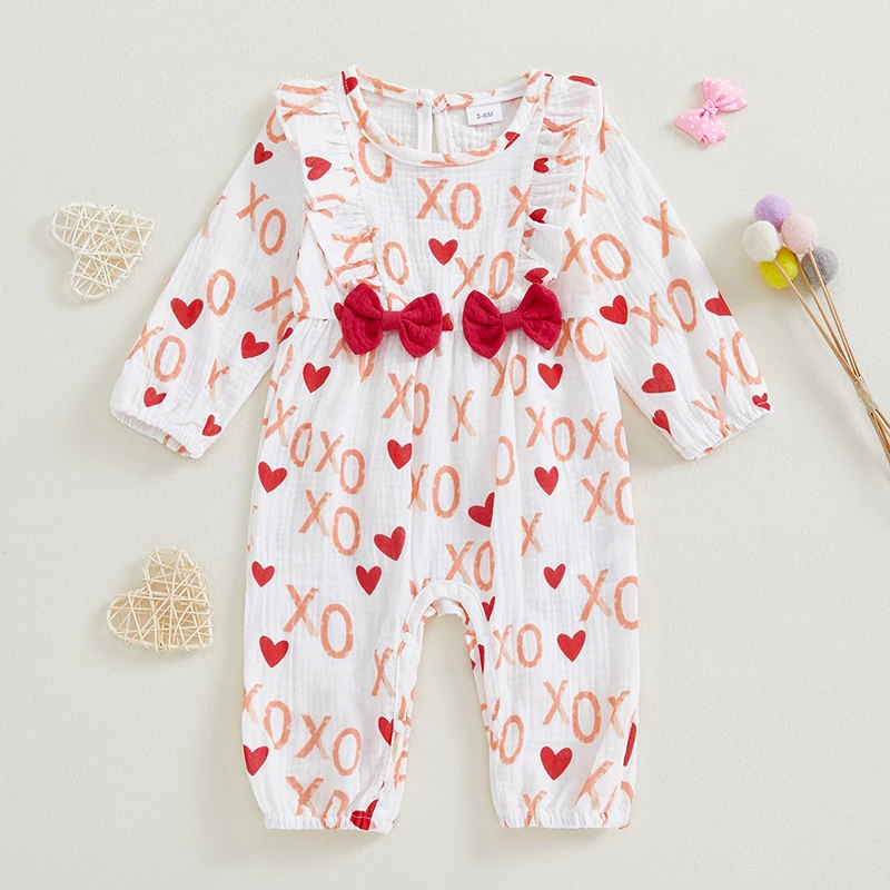 Newborn Baby Girl Romper Cute Heart Letter Print Ruffle Trim Long Sleeve Full Length Jumpsuit with Bows for Valentine's Day