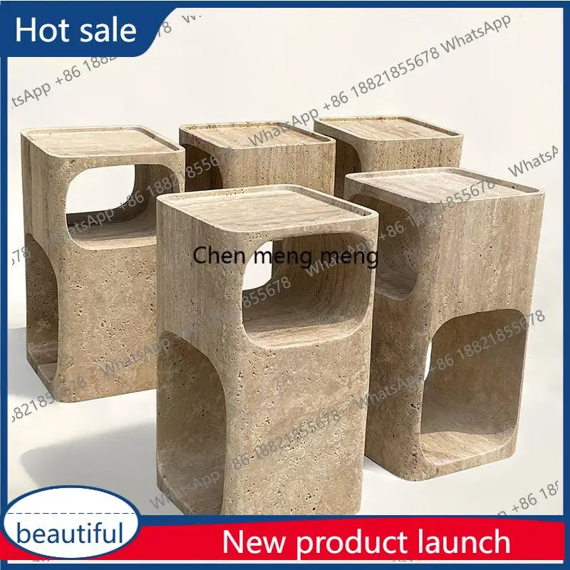 

M46 Nordic Travertine Bedside Table - Wabi-Sabi Natural Marble Nightstand w/ Artistic Design for Living Room & Bedroom Decor