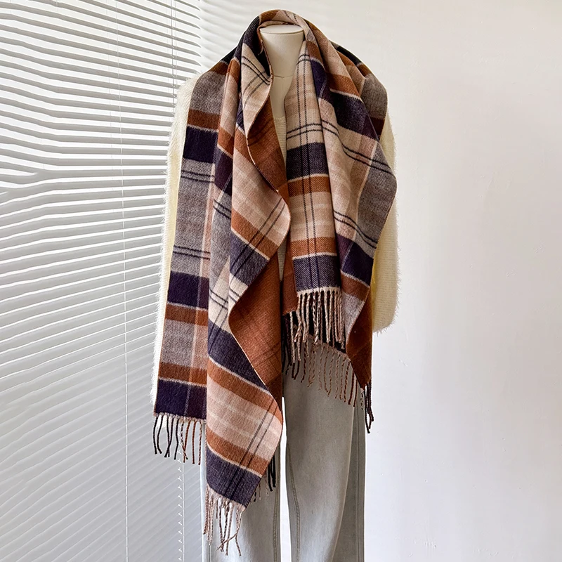 وشاح منقوش مخطط من الكشمير المقلد للنساء الدافئ - شال بتصميم جاكار سميك بسيط لخريف وشتاء