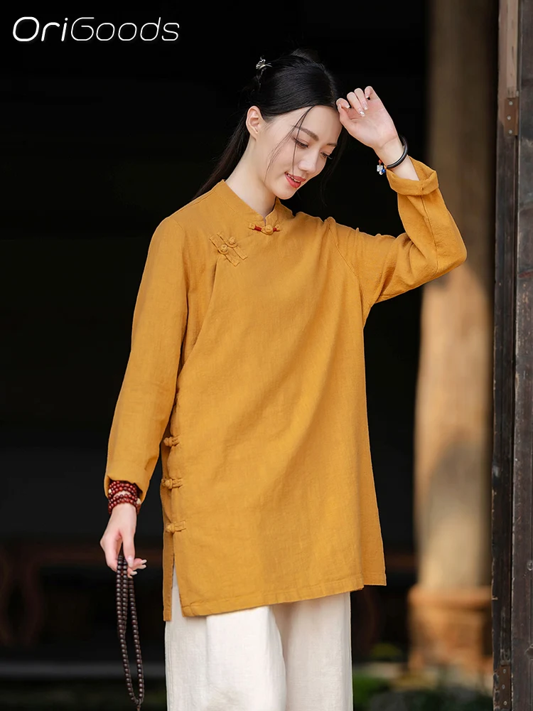 OriGoods Chinese Traditional Clothing Long Shirt Ramie Women 2024 Autumn Long Sleeve Shirt Top Blouse Zen Buddhist Clothes C081