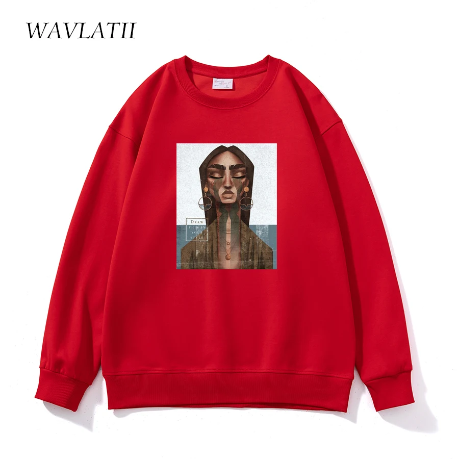 WAVLATII Women Casual White Sweatshirts Female Khaki Soft Oversized Cool Printed Hoodie Unisex O-neck Long Sleeve Tops WH2225