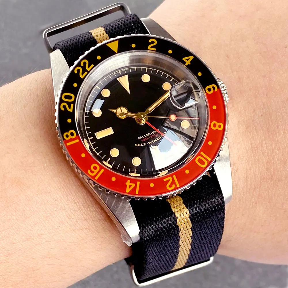 Vintage 38mm NH34A 20ATM Waterproof NH34 GMT Automatic Movement Dive Watch Men Bubble Sapphire Crystal Gold Hand 120 Click Retro