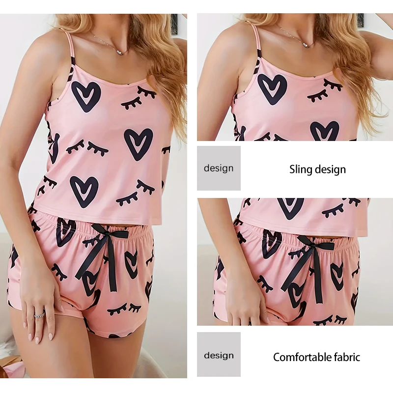 Summer Hot Selling Pink Print Pattern U-Neck Suspender Sleeveless Top and Bow Decorative Shorts Women\'s Sexy Pajamas Home Set