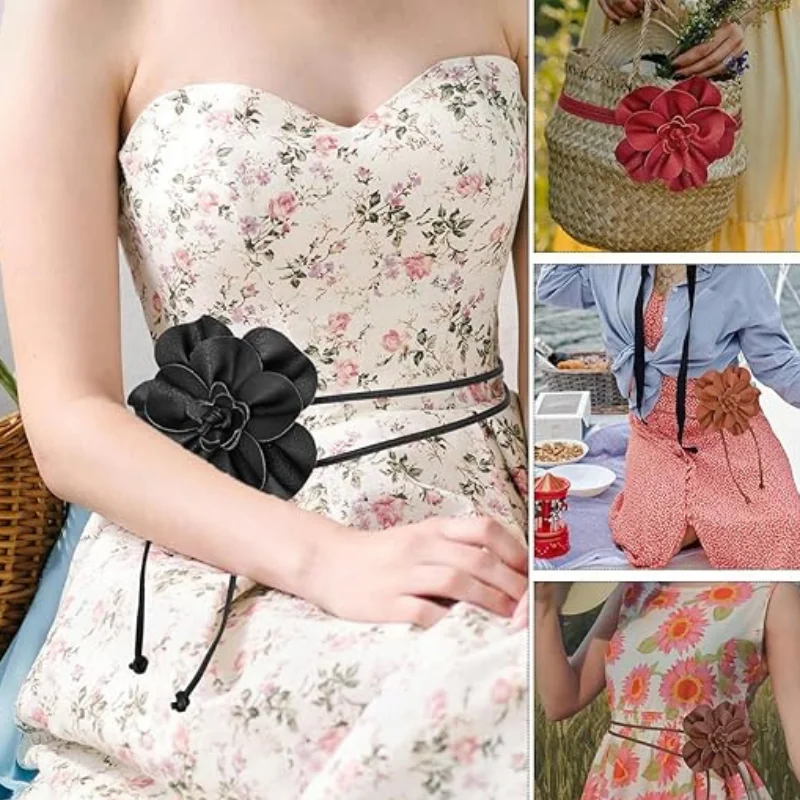 보헤미안 PU 가죽 허리 벨트 - 드레스 장식용 리본이 달린 큰 꽃 타이 랩 새시 - 5