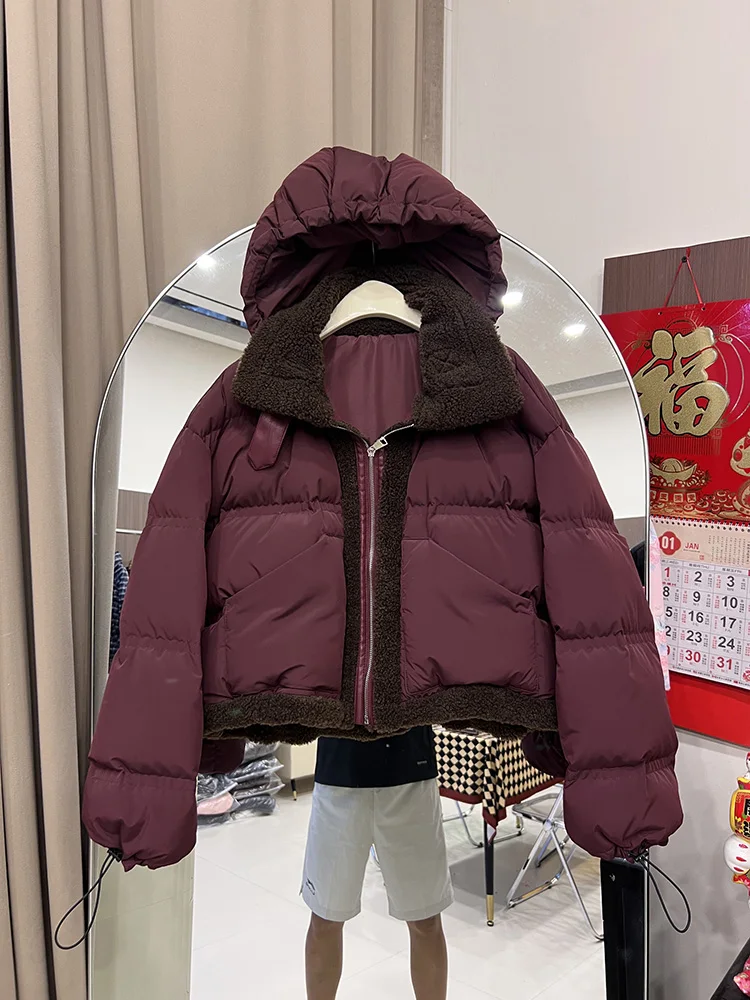 2025, neue Lamm-Daunenjacke für Damen, kurzer Stil, koreanische Ausgabe, Kapuzenpullover, abnehmbar, locker, modisch, vielseitig, weiße Entendaunenmantel