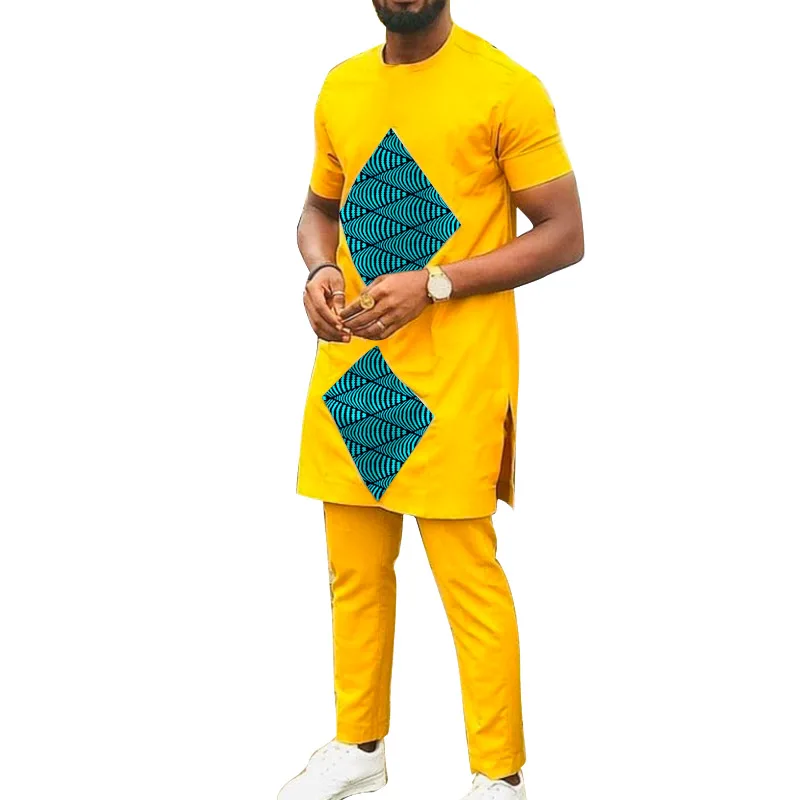 Rhombus Print Patchwork Men\'s Top Sets Yellow Cotton African Suits Male Outfits T Shirts With Pants Wedding Garment Customized