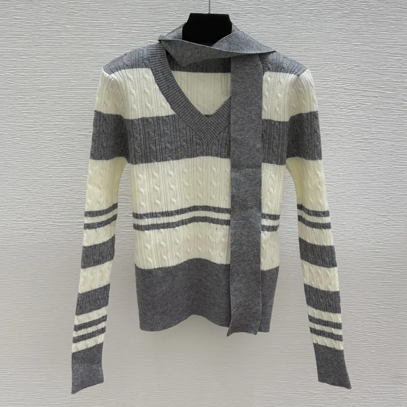 

High-quality multi-color striped v-neck tie belt women's pullover Tight-fitting sweater popular clothes 251028252
