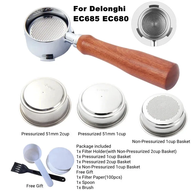 For Delonghi EC685 EC680 Coffee Portafliter 51MM Filter Bottomless Portafilter Non-Pressurized/ Pressurized Coffee Accessories