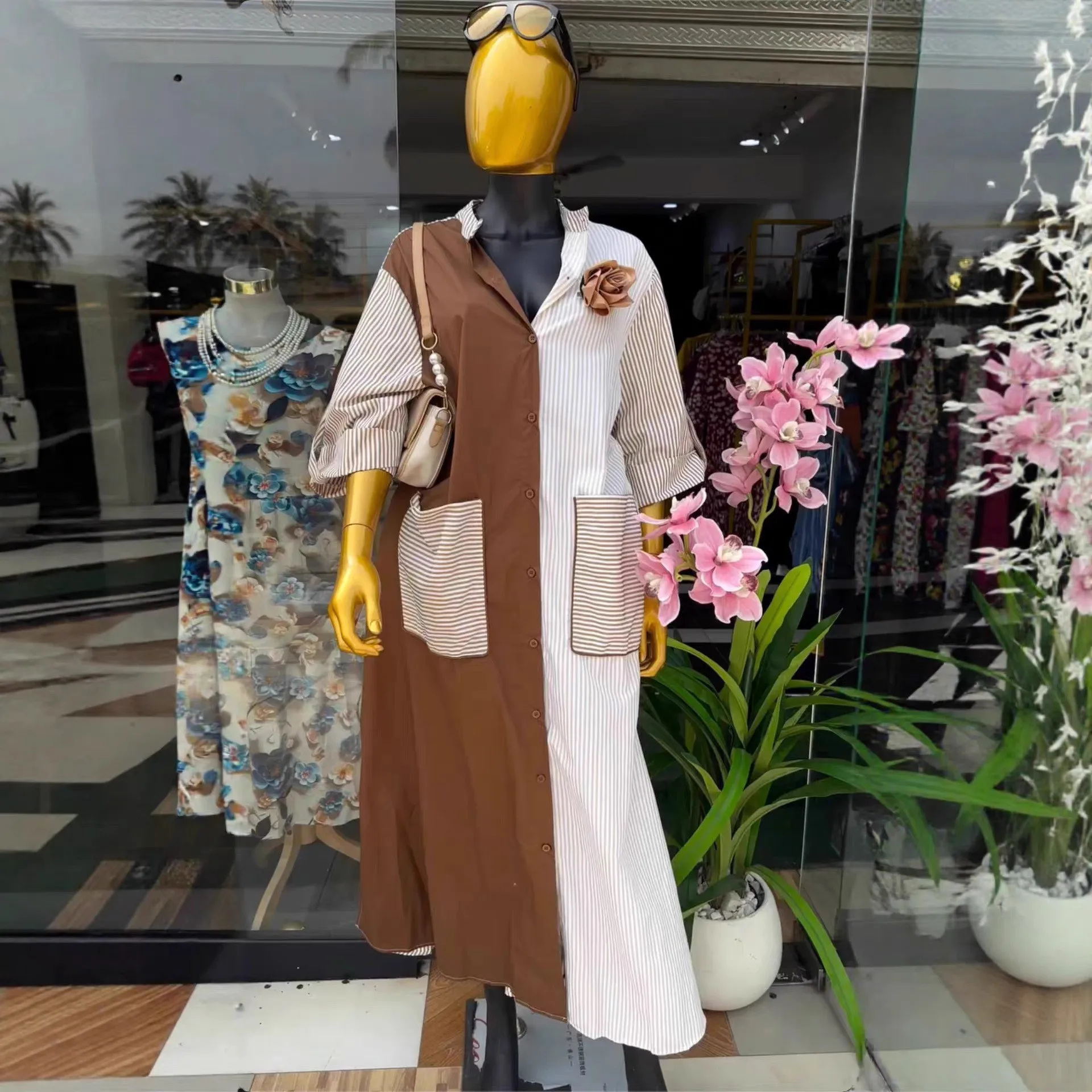 

Summer Woman Shirt Dress Striped Long Sleeve Shirt Dresses 3/4 Sleeve High Waist Button Down Dress Pleated Maxi Shirt Dress