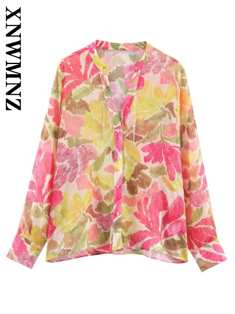 

XNWMNZ 2026 Spring Lady Bohemian Casual Stand Collar Long Sleeve Shirt Vintage Fashion Woman Holiday Thin Slim Long Sleeve Top