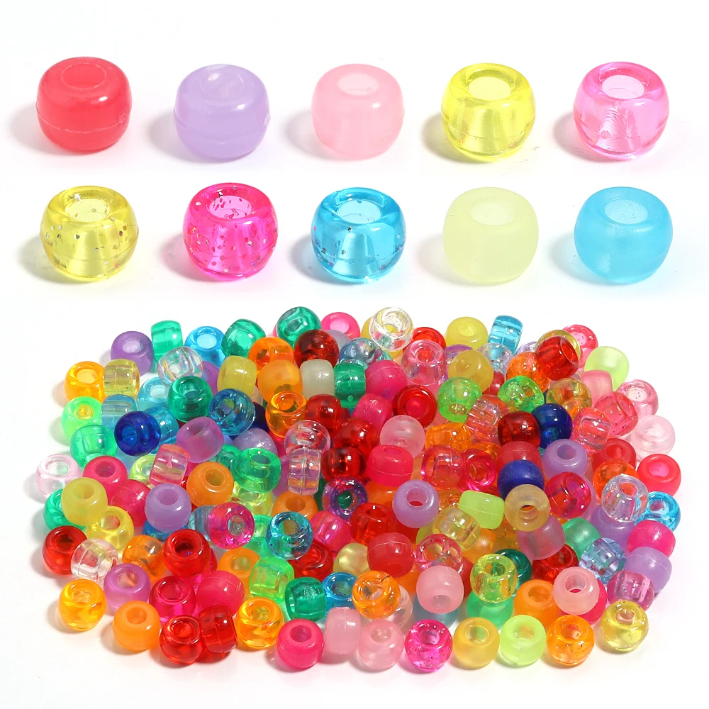 

200pcs 6x9mm Acrylic Pony Beads Colorful Big Hole Loose Spacer Beads For Jewelry Making DIY Crafts Bracelet Necklace Accessories