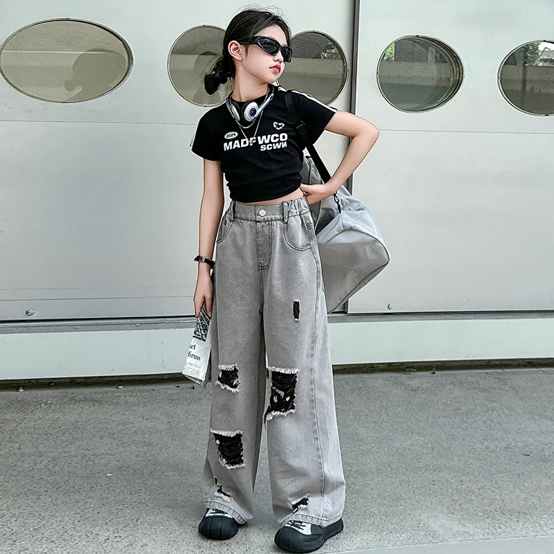 Fashion Girl Jeans Grey Ripped Hole Wide-leg Pants Summer Thin Denim Cargo Trousers Street Teen Kids Versatile Long Trousers Set