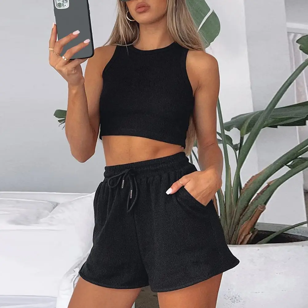 Women Crop Top Shorts Set Drawstring Elastic High Waist Shorts O Neck Sleeveless Stretchy Thread Soft Sport Tank Top Shorts Set