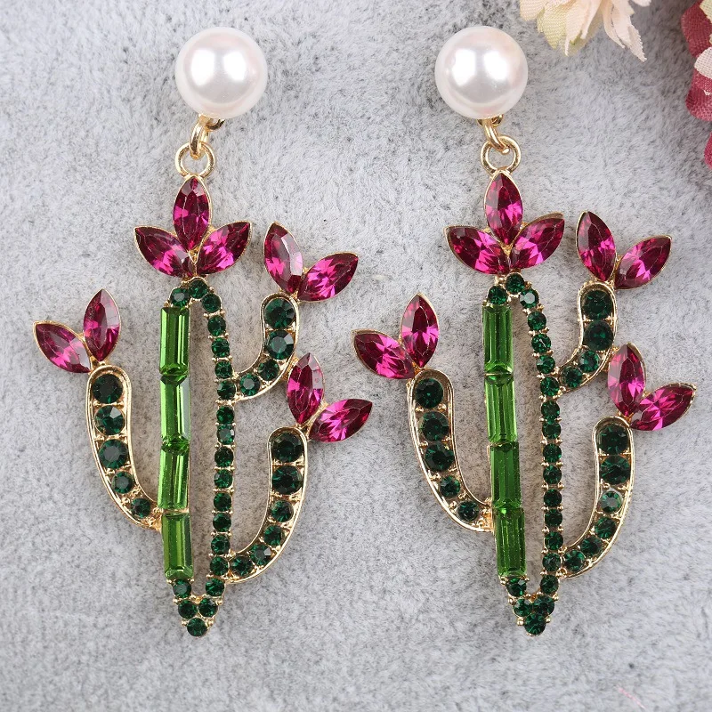 Vintage Jewelry Long Acrylic Pearl Crystal Rhinestone Pink Green Plant Flower Nopal Cactus Dangle Statement Earrings for Women