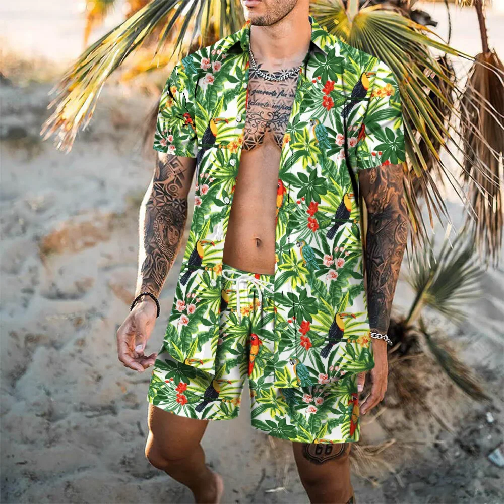 2025 New Hawaiian Men's Shirt 2-Piece Summer Short-Sleeved Button-Up Shirt Beach Shorts Holiday Men's Daily 2-Piece Suit