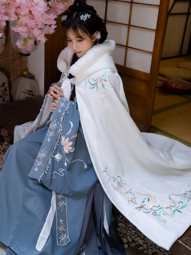 Women Hanfu Cloak Winter Warm Coat Chinese Thickness Overcoat Hooded Ancient Traditional Cosplay Ladies Clothing Blue