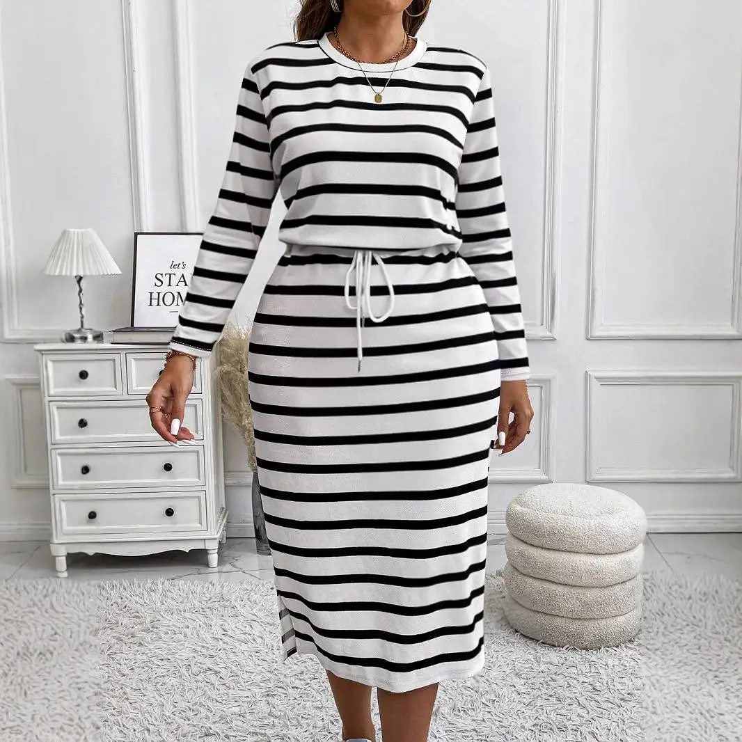 

Женская длинная юбка больших размеров в горизонтальную полоску, повседневная, из полиэфирного волокна, с длинными рукавами, круглым вырезом, на молнии, с боковым разрезом