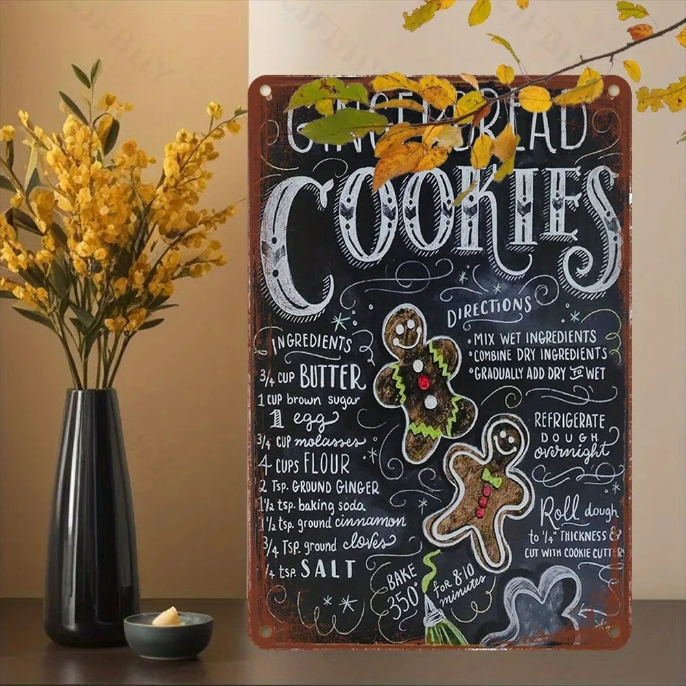 Vintage Aluminum Gingerbread Cookies Recipe Sign - UV Printed Rustic Waterproof Metal Plaque for Kitchen Home Office Decor
