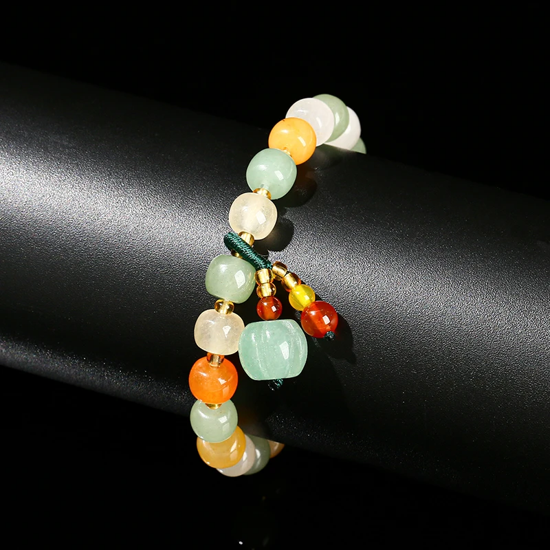 JD Natural Stone Mixed Color Jade Barrel Shape Beads Pumpkin Tassel Pendant Bracelet Women Vintage Handmade Stretch Wrist Gifts