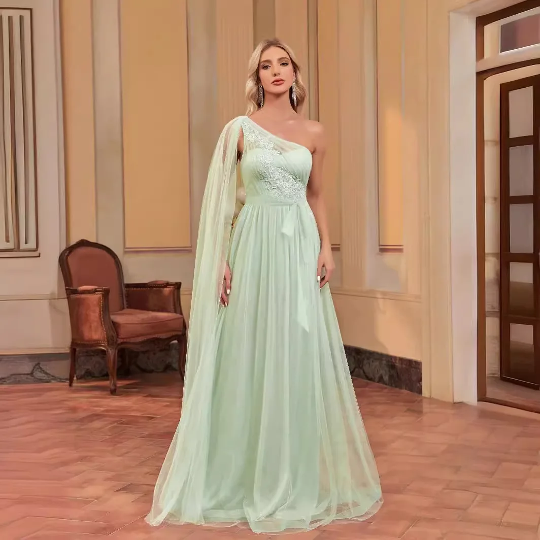 

Soft Flowy Tulle Bridesmaid Evening Dress Women Sage Asymmetric Single Shoulder Long Cape Sleeve Floral Lace Bodice Gown